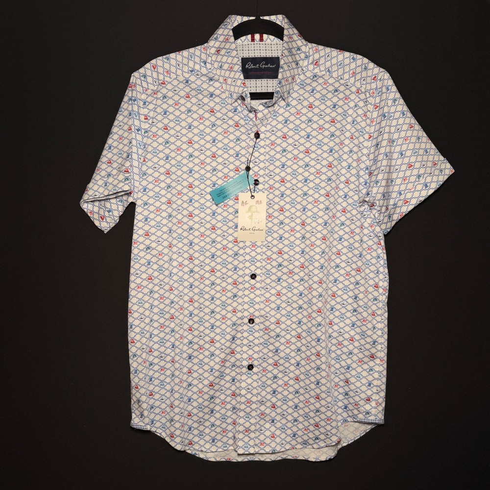 NWT Robert Graham Shirt Mens Medium Hat Trick Cotton Tailored Geometric Summer